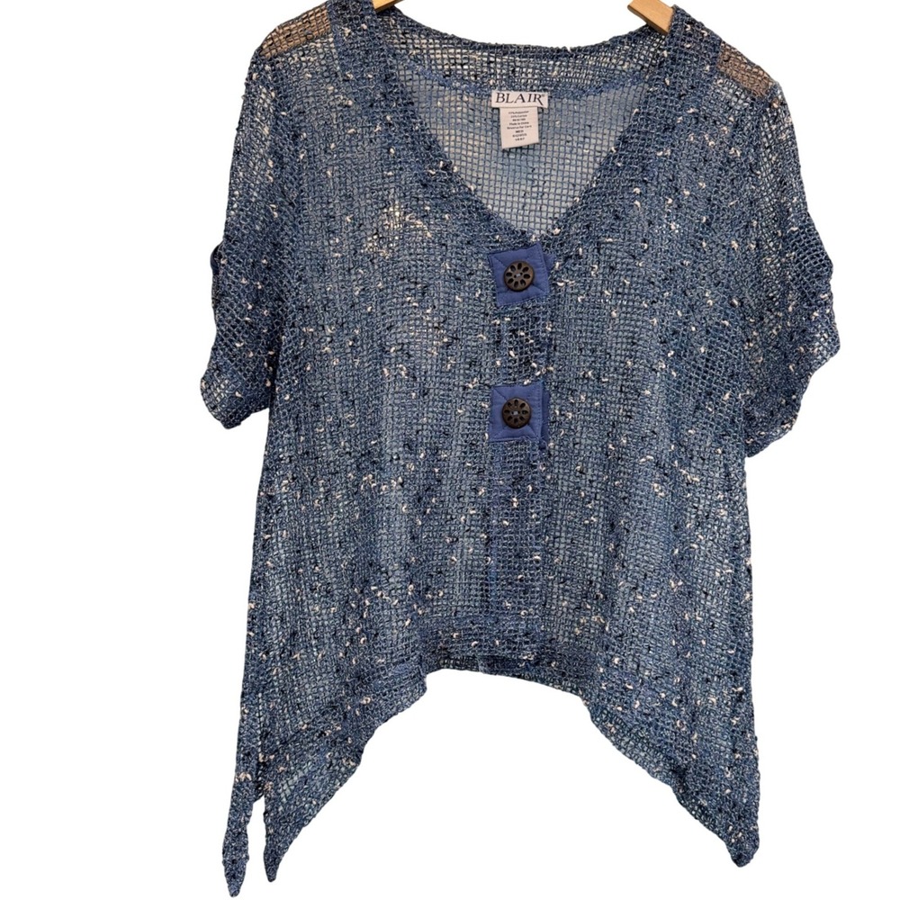 Blair Blue Marl Open Knit Mesh Top V-Neck Handkerchief Hem Short Sleeve Med